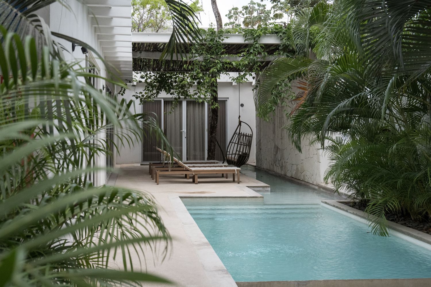 Tulum villa courtyard with a lap pool, framed by palm fronds on either side